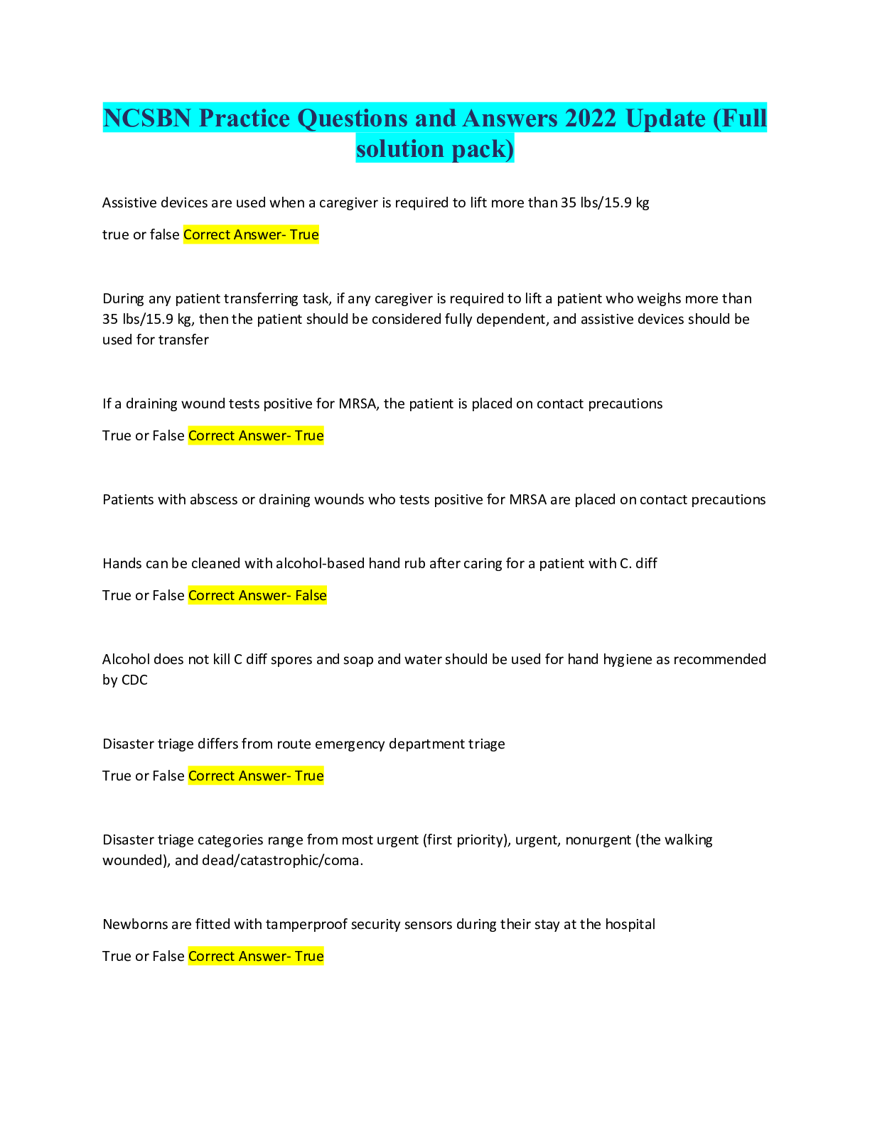 Preview image of NCSBN Practice Questions and Answers  Update (Full solution pack) document